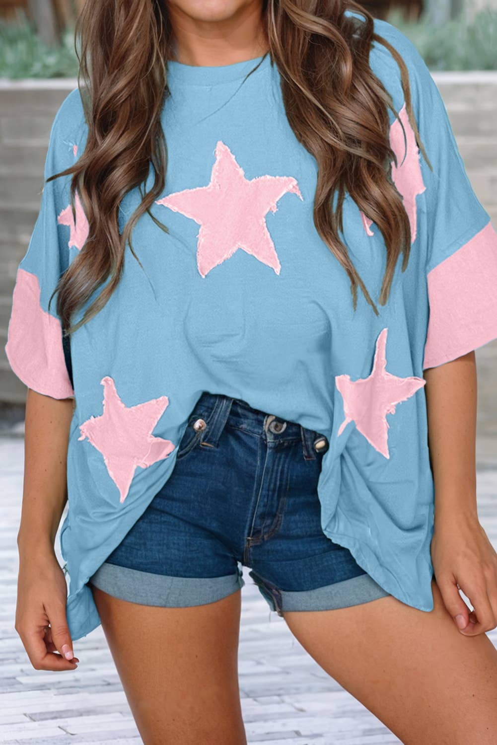 LDC Frayed Star Denim Patchwork Oversize T Shirt